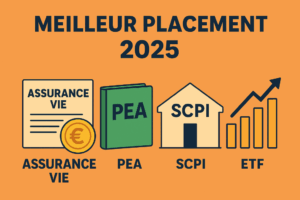 Infographie Meilleur placement 2025 présentant assurance-vie, PEA, SCPI et ETF